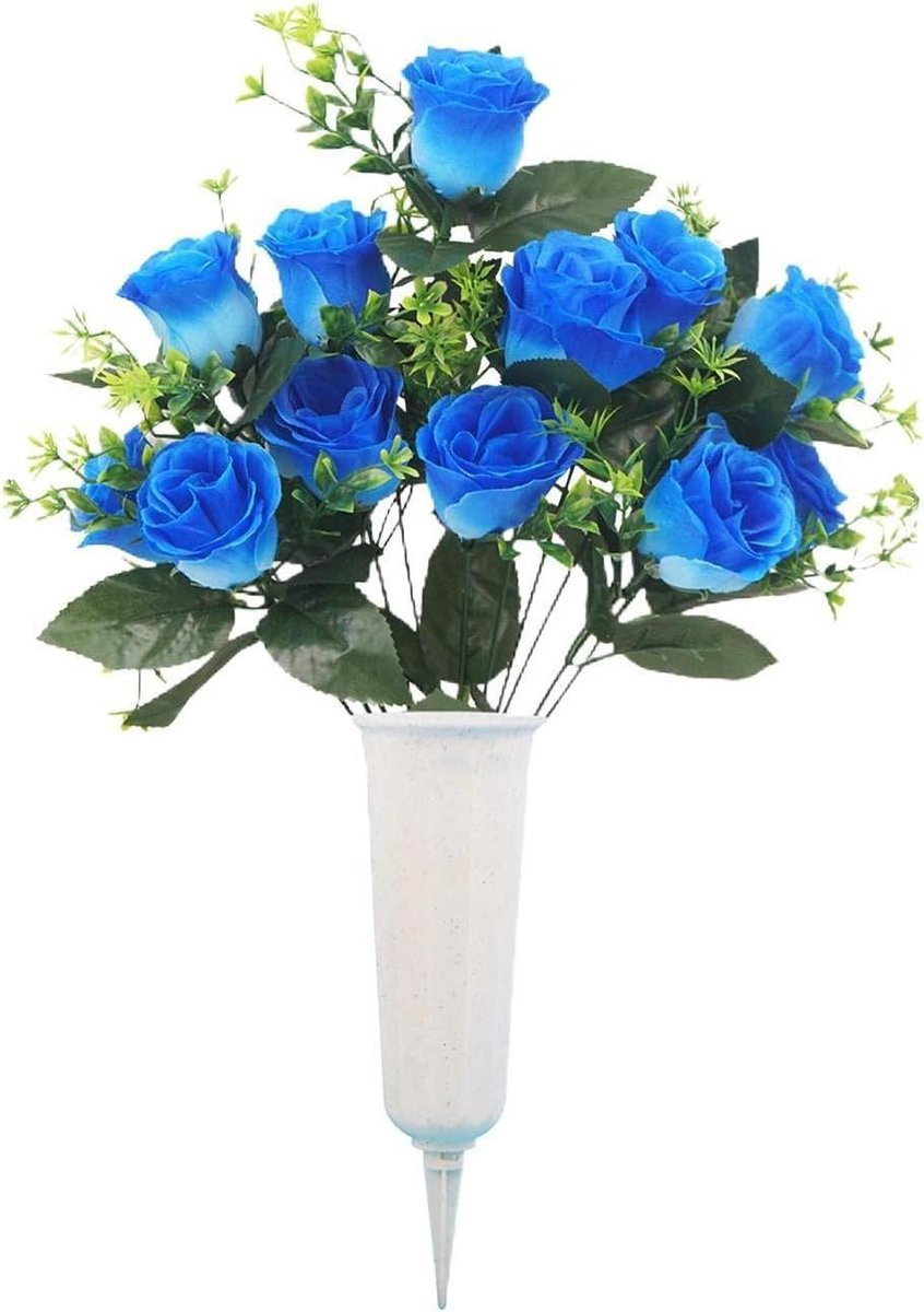 Blauwe realistische kunstbloemen set voor grafdecoratie en herdenking - 106 mm