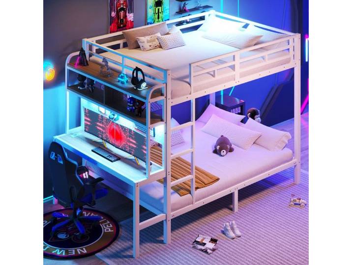 Luscriate - Lit superposé 140x200 cm Lit ado avec LED USB bureau rangements – blanc