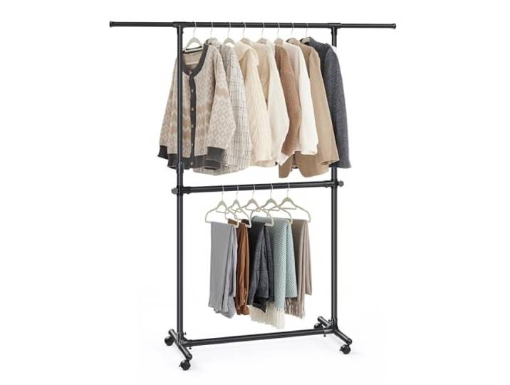 SONGMICS Portant à Vêtements Double Barre\, Porte-Manteau\, Porte-vêtements\, Hauteur Réglable de 113 à 180 cm\, Barre Centrale Réglable\, Noir LLR401B01