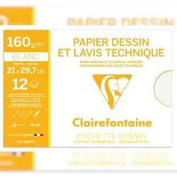 Clairefontaine 10x Lavis, Technisches Zeichenpapier A4, Packung mit 12 Bogen 160g - 96257C