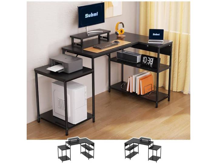 Bureau d'angle 152x80cm Grand Bureau d'Ordinateur en Forme de L Réglable en Hauteur Bureau Angle Ordinateur Bureau Gaming Noir