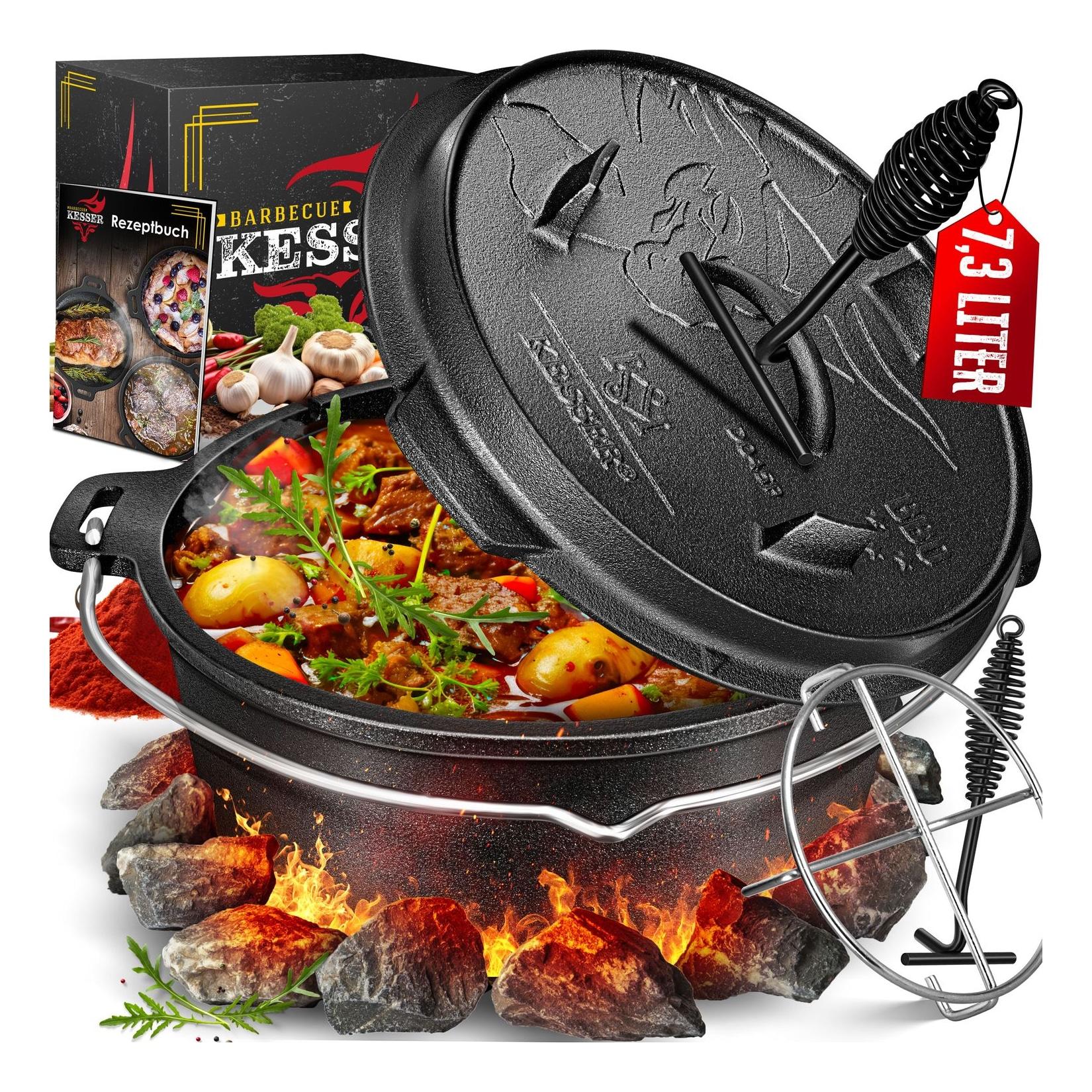 KESSER® Dutch Oven Set BBQ Feuertopf Schmortopf, Gusseisen Topf mit Deckelheber Henkel und Schlitz für Themormeter, kochkessel Grilltopf Gulaschkessel für Oudoor & Indoor