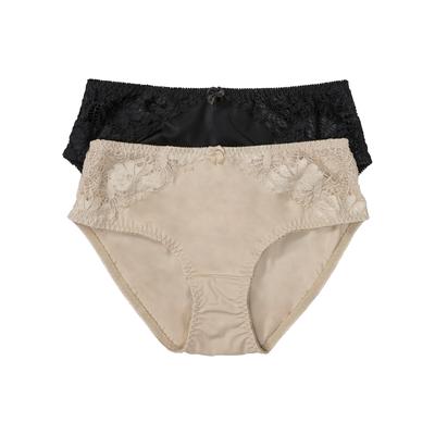 Maxislip BONPRIX, Damen, Gr. 40/42 (M), 2 Stk., beige (kreidebeige, schwarz), Obermaterial: 80% Polyamid, 20% Elasthan. Netzfutter: 90% Polyamid, 10% Elasthan. Spitze: 87% Polyamid, 13% Elasthan, Unterhosen, über die Hüfte geführt, mit floraler...