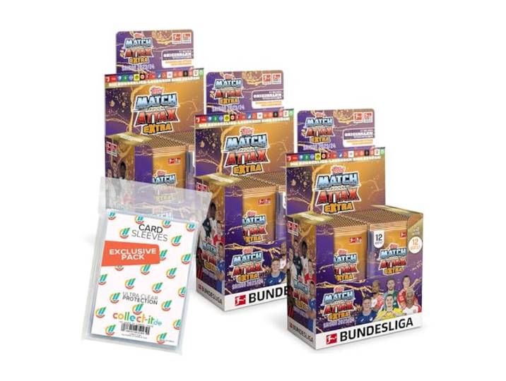 Bundle mit Topps Match Attax EXTRA Bundesliga 2023/24-3 Display (72 Booster) + Exklusive Collect-it Hüllen
