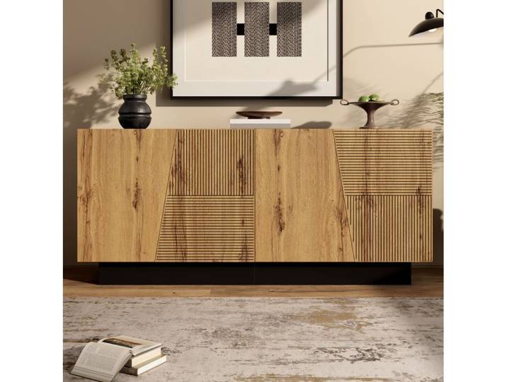 Buffet bas moderne AESVAR 160 x 40 x 72 cm avec tablette reglable decor bois et noir