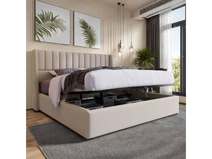 Lit coffre 160x200 avec tête de lit et sommier lit 2 Personnes avec rangement cadre de lit 160x200 avec sommier à lattes lin beige