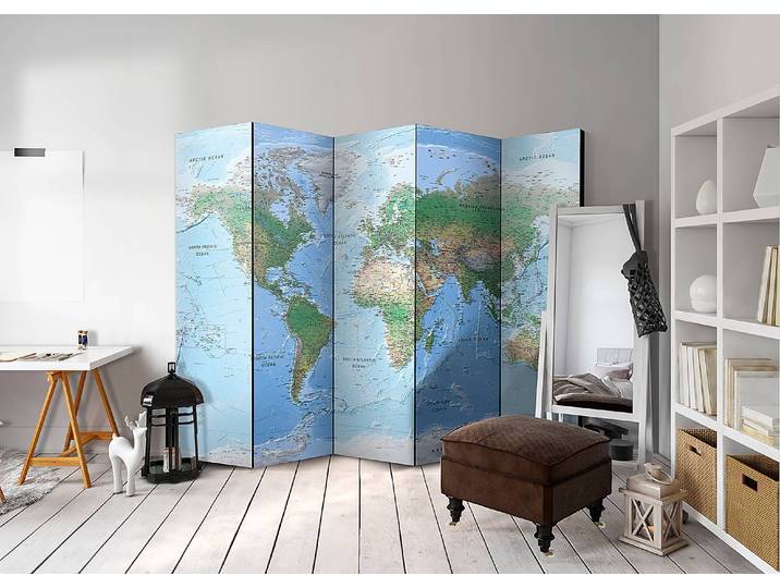 Paravent World Map acoustique Intissé sur bois massif Bleu 225 x 172 x 3cm