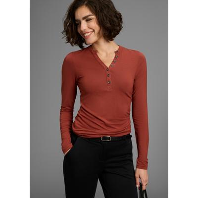 Longsleeve LAURA SCOTT, Damen, Gr. 40/42, braun (zimt), Jersey, Obermaterial: 95% Viskose, 5% Elasthan, clean, unifarben, figurbetont hüftbedeckend, V-Ausschnitt, Shirts, mit Knopfleiste