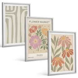 BILDER SET 3er Set - 40x60 cm Silberner Rahmen - Botanische Motive, Pariser Minimalismus