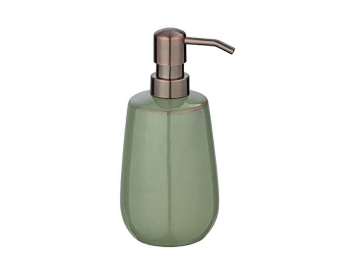 WENKO Seifenspender Mod. Sirmione aus Keramik, nachfüllbarer Desinfektionsmittelspender, Pumpaufsatz aus stabilem Kunststoff in Kupfer, Ø 8 x 17,5 cm, Füllmenge 430 ml, Spender Grün/Kupfer