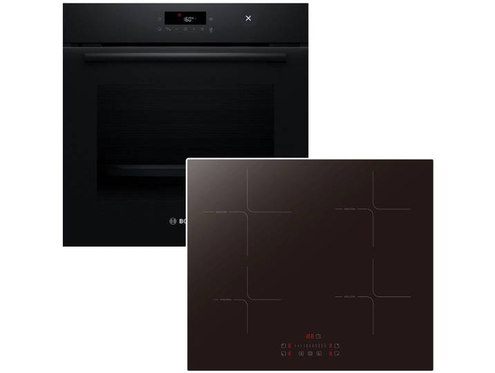 BOSCH Backofen-Set Pyrolyse 3D-Heißluft + PKM Induktionskochfeld Booster Touch Slider, Pyrolyse-Selbstreinigung Hydrolyse