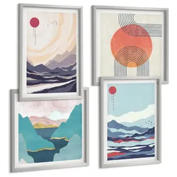 BILDER SET 4er Set - 50x50 cm & 40x60 cm Silberner Rahmen - Japanische Berglandschaften