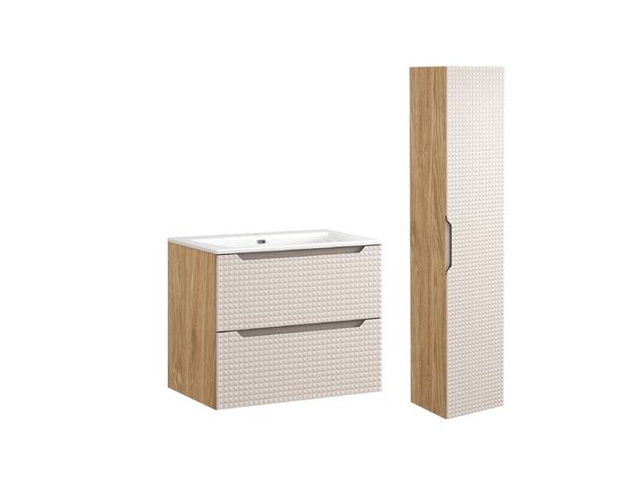Ensemble meuble simple vasque encastrée 70cm et colonne Mallory Beige et bois