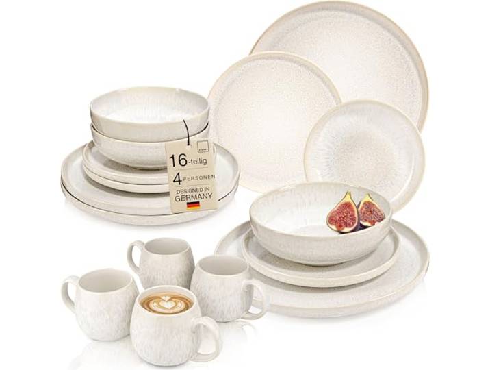 SÄNGER Korfu Geschirrset 4 Personen, Teller Set 16-tlg, Creme, Beige Handmade steingut geschirr set, Ess-, Dessert-, tiefe Teller & Kaffeebecher, spülmaschinengeeignet, mikrowellenfest