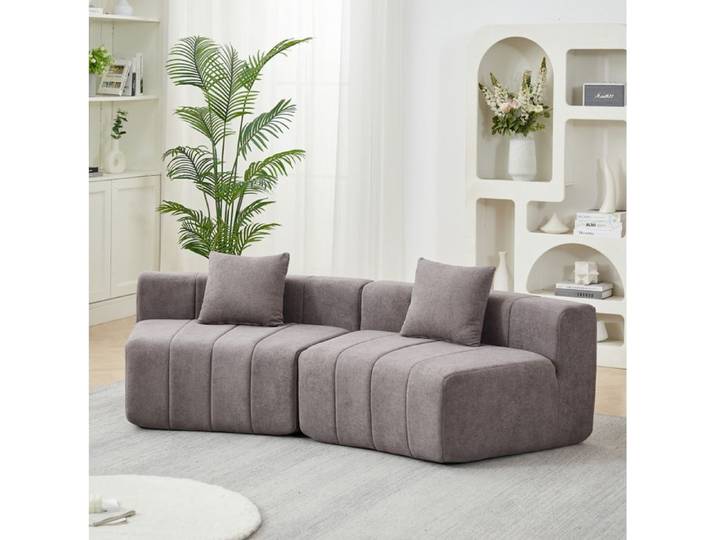 ELVORIN canapé modulaire incurvé 2 places en chenille gris avec 2 coussins