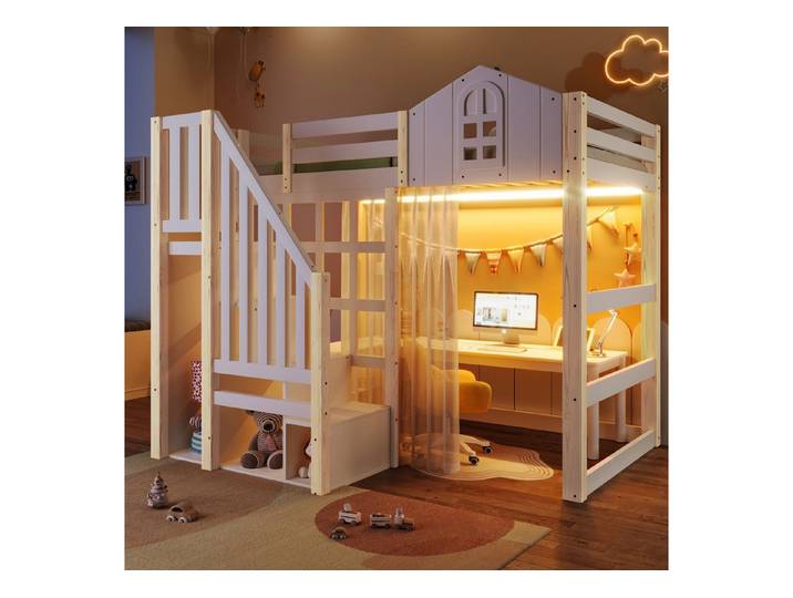 Ulife Etagenbett Hochbett Kinderbett mit LED-Leuchten, Fensterform, Ablageleiter (1-St., Ohne Matratze), Weiß+Natur,90x200cm