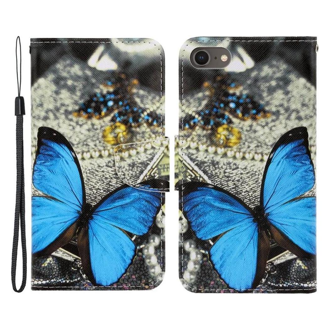 Cover-Discount iPhone SE / 8 / 7 - Leder Etui Hülle Schmetterling blau (Apple iPhone 7, Apple iPhone 8) (101132289L)