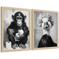 POSTER 2er-Set lustige Tiermotive in Schwarz-Weiß fürs Badezimmer, witzige für Toilette, Bad, minimalistischer Stil Leichter Holzrahmen A4