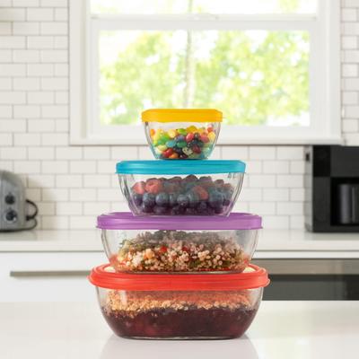 Libbey Serve It 8-Piece Glass Storage Container Set with 2-Cup, 6-Cup, 8-Cup, and 12.5-Cup Bowls and Multi-Color Lids - Set of 8