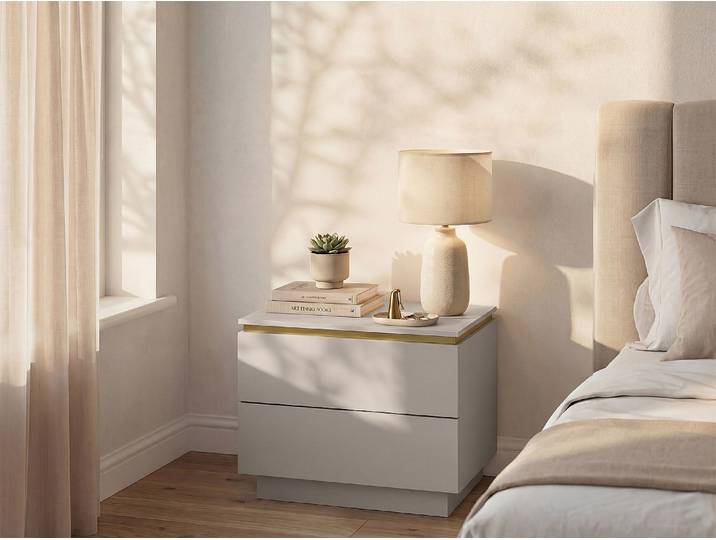 Nachttische 2er-Set mit 2 Schubladen - Beige und gold - VUKIA