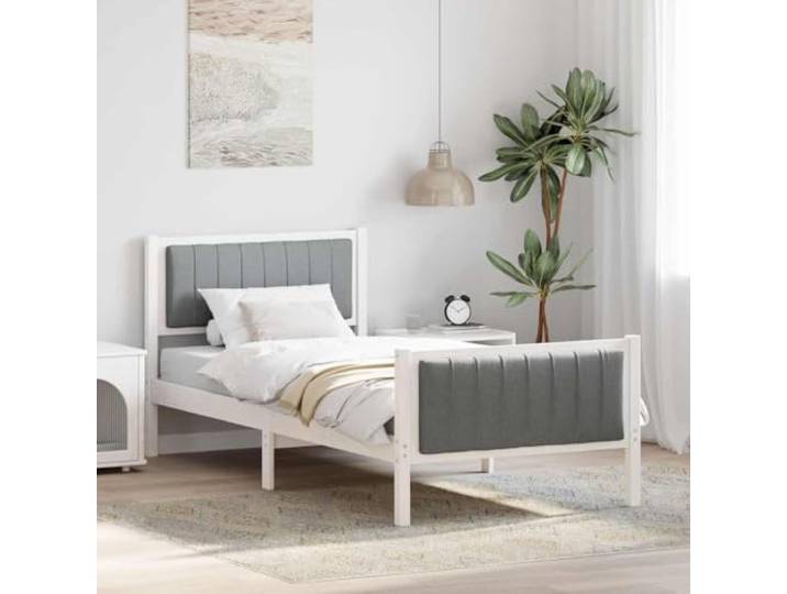 RJPLMFV Bettgestell, 90 x 200 cm, massives Kiefernholz, Weiß / Grau Mit gepolstertem Kopfteil, Plattform ohne Lattenrost, modernes Design