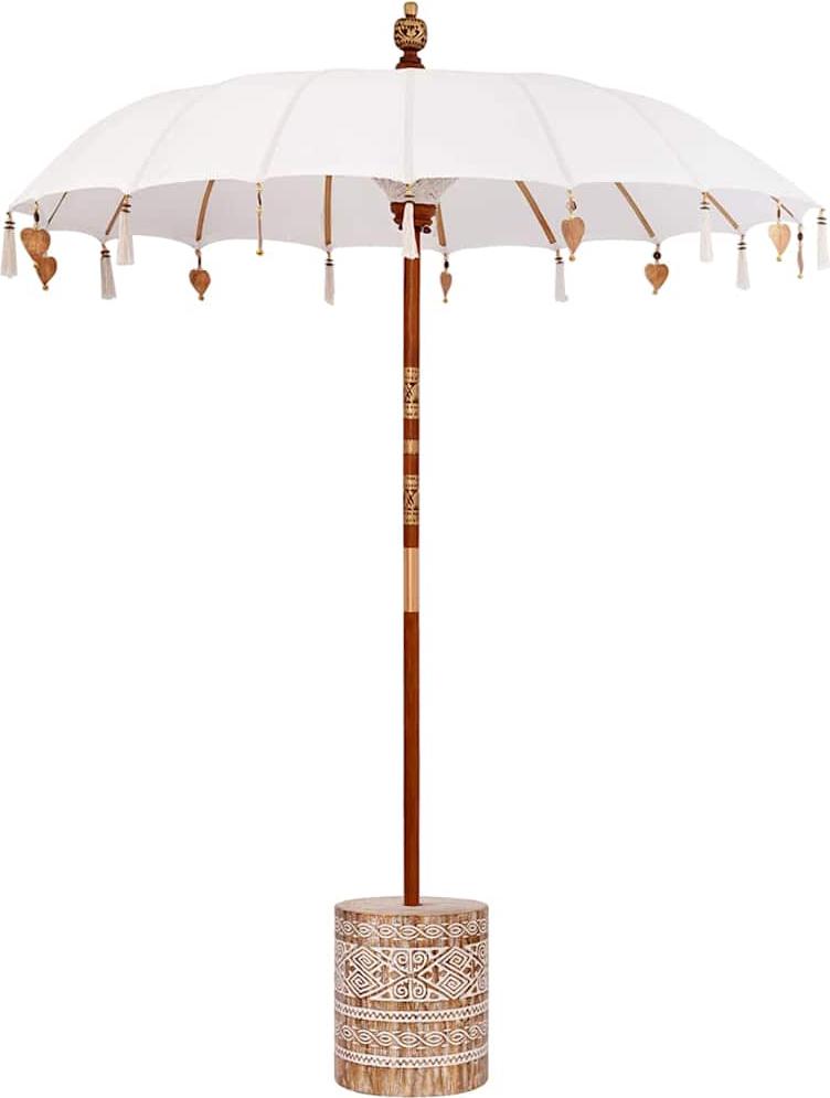 Balinesischer Sonnenschirm, Garten & Terrasse, Teakholz & Baumwolle, handgeschnitzt, 190 x 190 x 250 cm, Creme & Weiß