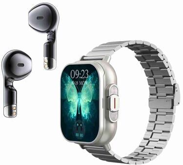CaseAndConnect D8 Bluetooth Smart Watch With Earbuds NFC Health Monitoring Fitness Tracker Steel Band silver