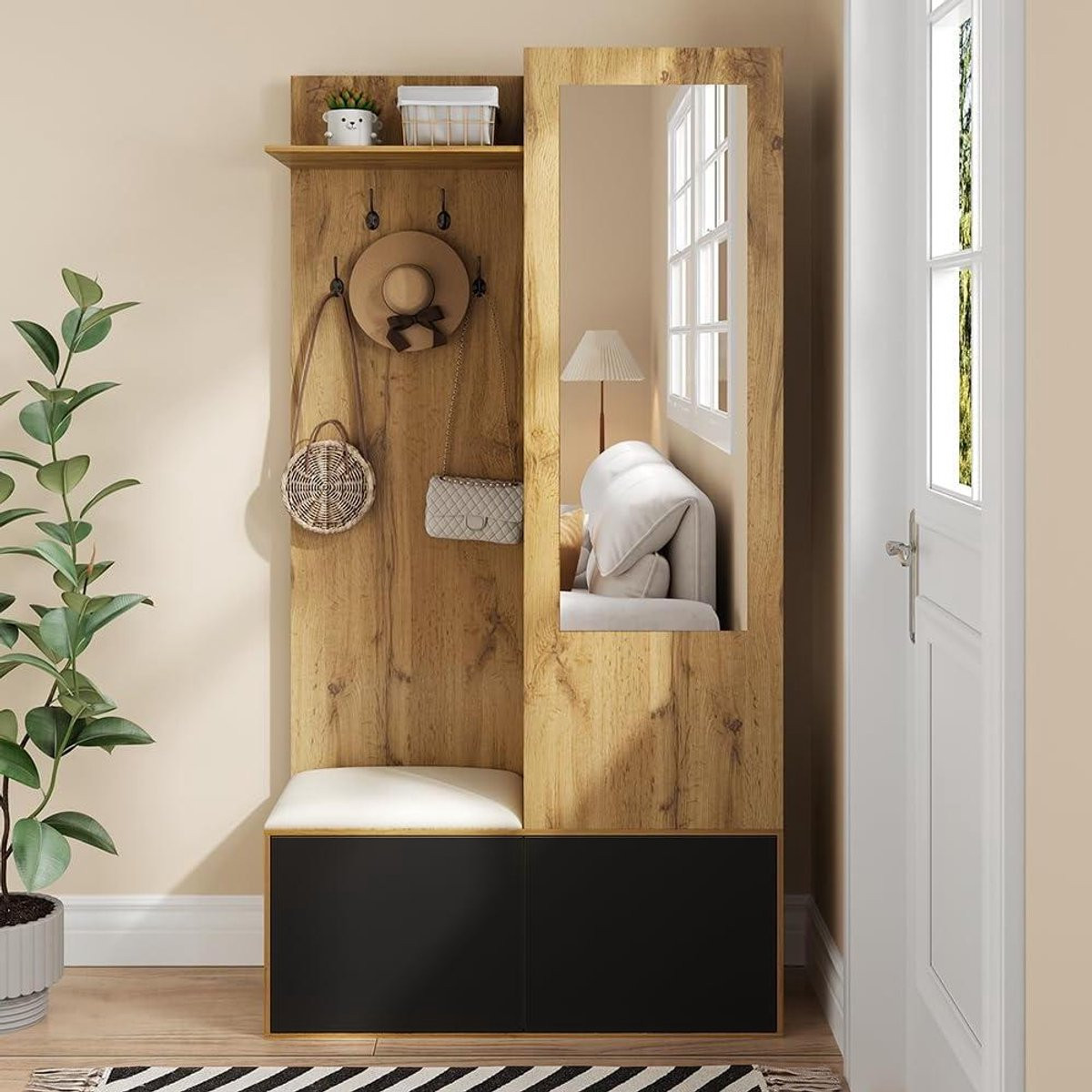 Garderobe Set Entree Meubel met Geïntegreerde Zitbank en Spiegel in Wood Effect