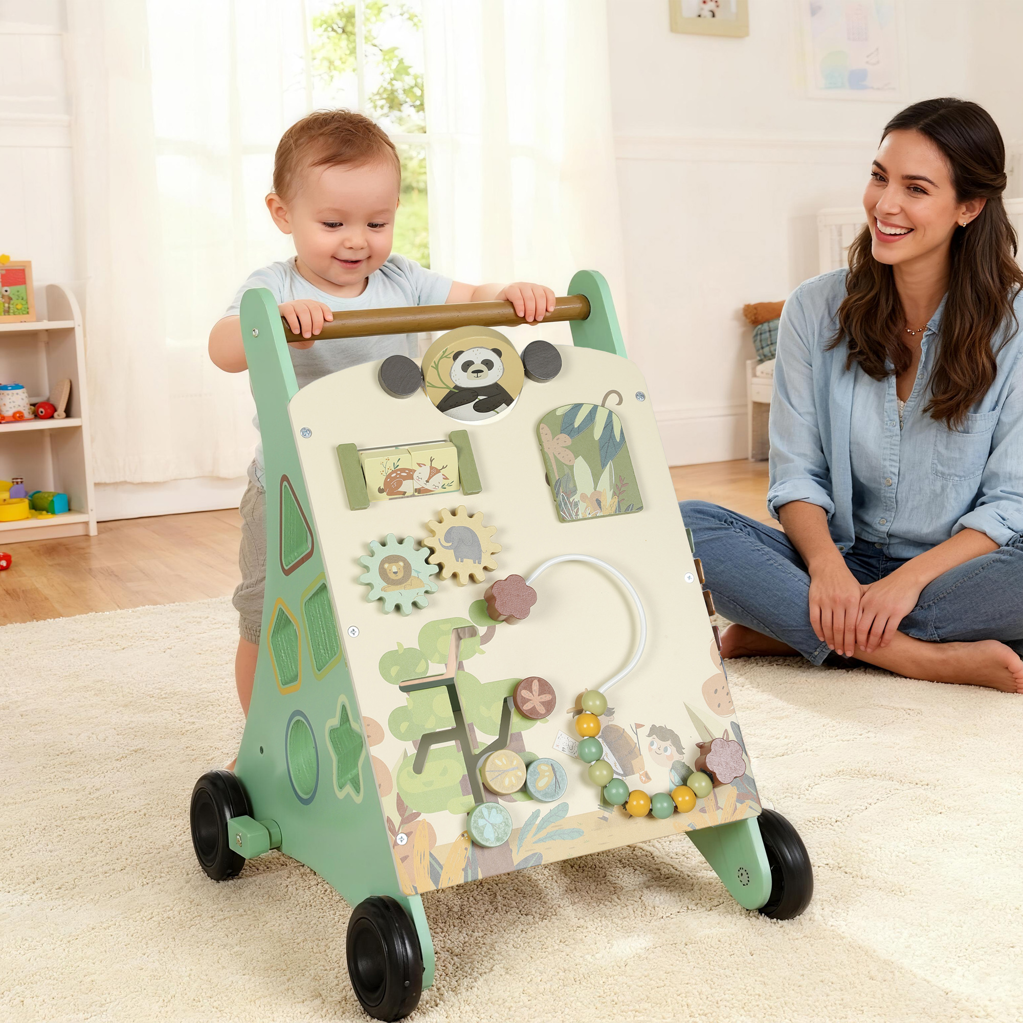 Aiyaplay Carrello Primi Passi in Legno con Freno Regolabile, in Legno Levigati per Bambini 18+ Mesi, Verde   Aosom Italy