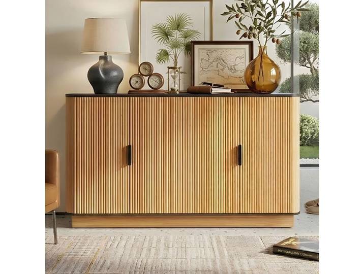 Buffet de Rangement 139x40x75cm - Design Ondulé - Rangement Silencieux - Bois Naturel/Panneaux