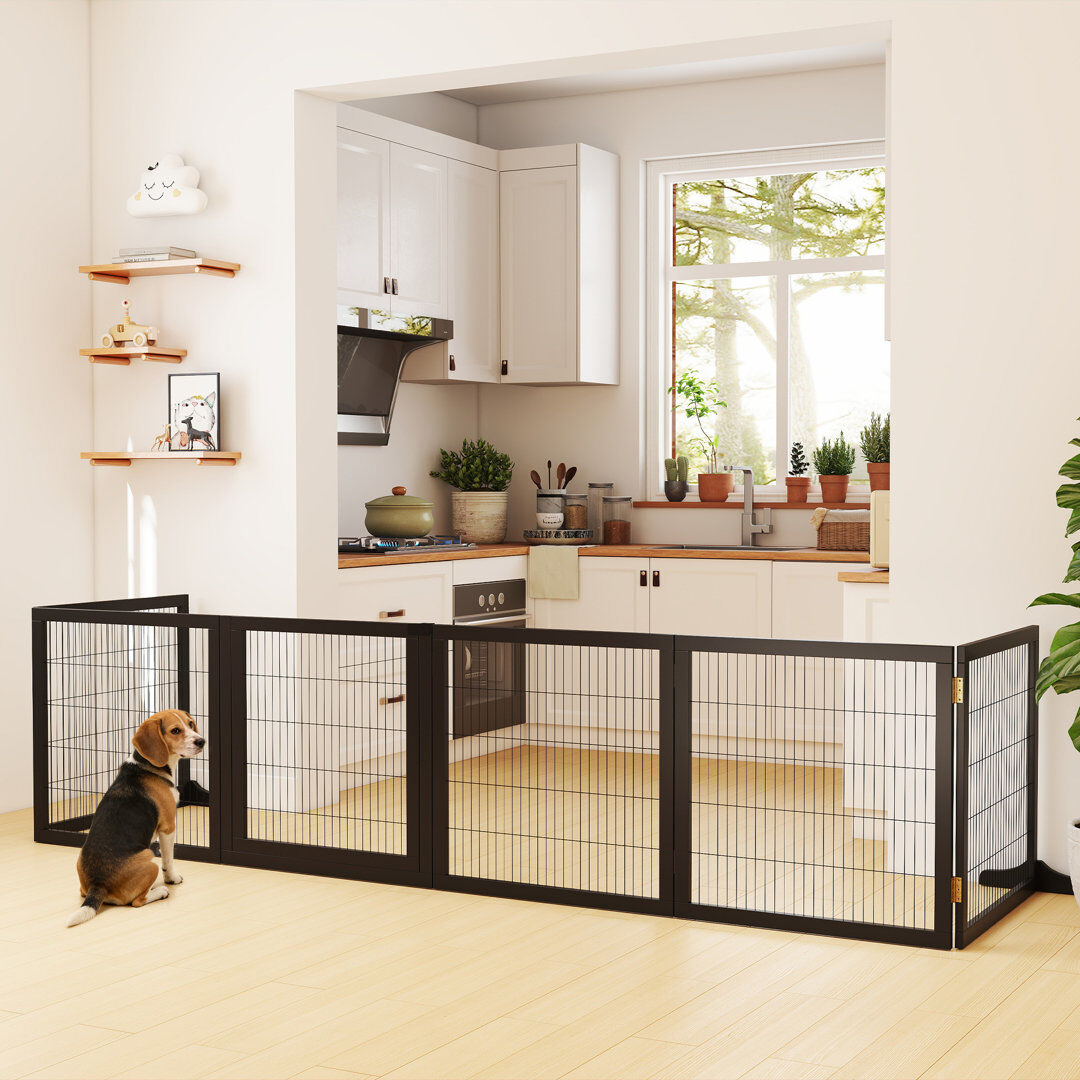 PawHut Freestanding Pet Gate 6 Panel Foldable Playpen Black Black 70cm H X 432cm W X 36cm D