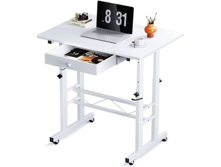 Bureau assis-debout - GTPLAYER - Bureau Assis Debout - Réglable 73-115 cm - 1 tiroir - Roulettes blanc