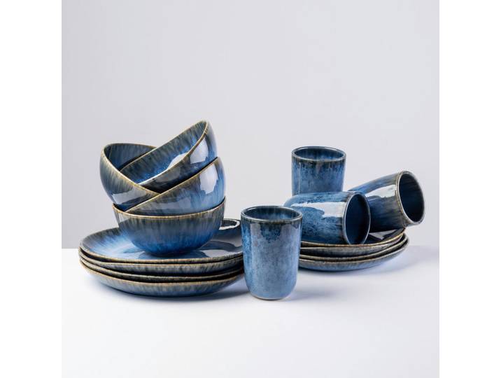 Gipfelstück Kombiservice Wilde Schlucht, Blau, Keramik, 16-teilig, 350 ml, Made in Europe, lebensmittelecht, Essen & Trinken, Geschirr, Geschirr-Sets, Kombiservice