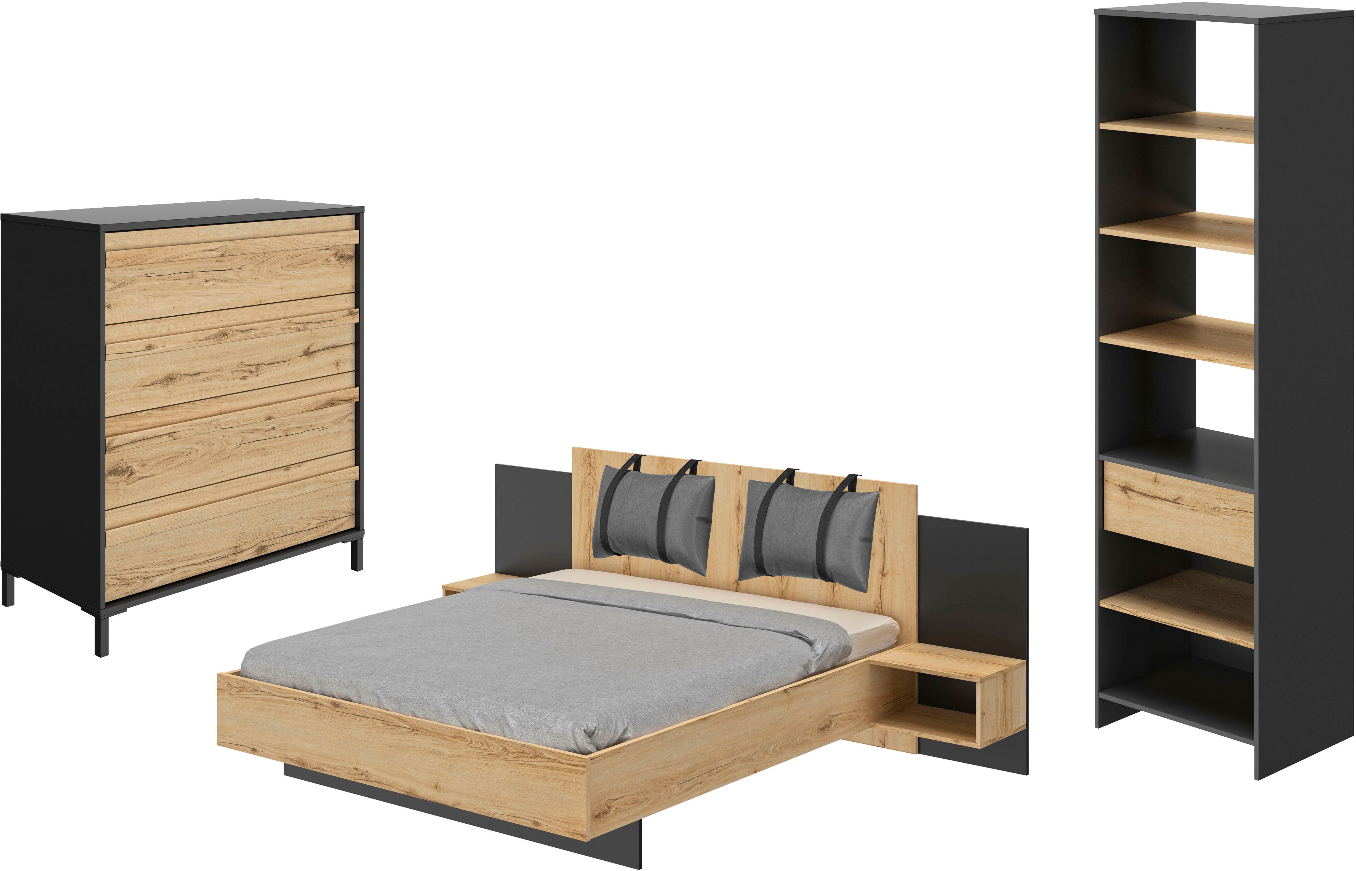 Schlafzimmer-Set GAMI "Mimizan", braun (schwarz – eiche helvezia), B/H: 160cm x 200cm, Schlafzimmermöbel-Sets