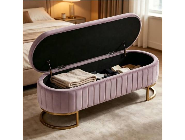 Bout de Lit 130 cm avec Coffre de Rangement - MODENVIE - Pieds en Métal Doré Matelassage Vertical Velours Rose