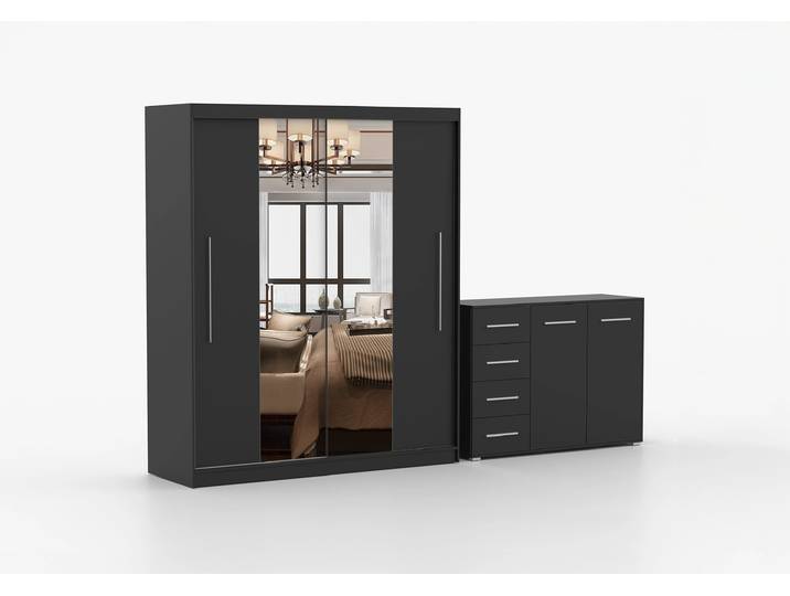 Schwebetürenschrank und Kommode 2er-Set TORINO I/FRIDA 01 Schwarz Schwarz + Spiegel