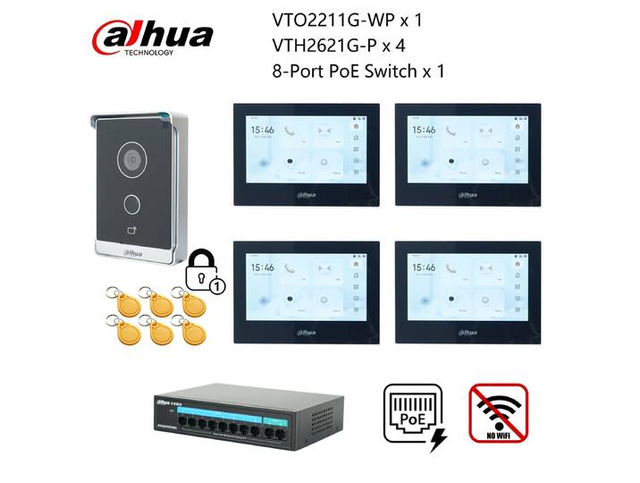 Dahua Peugeot d'interphone vidéo IP d'origine, VTO2211G-WP & VTH2621G-P & commutateur PoE, application téléphonique de soutien, déverrouillage de la carte RFID