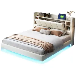 Polsterbett 160x200 mit Stauraum, LED-Beleuchtung und USB-Anschluss – modernes Design in Beige, Flip-Top Kopfteil, Regale und hohe Belastbarkeit