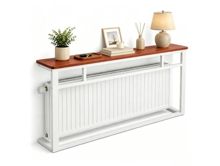 Moderner Heizung Ablage, Konsolentisch, Schmaler Flurtisch Eingangsbereich Echtholz, Stahlgestell, Passt unter Fenster, Heizkörperverkleidung, Wohnraumdekoration(Brown+White,80*20cm/31*8in)