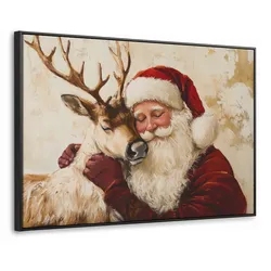 LEINWAND Bilder mit Rahmen - Weihnachtsmann - Rentier - Weihnachten - 140x90