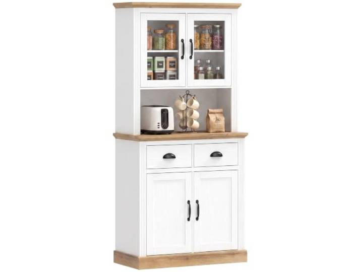 HOMCOM Hohes Buffet Sideboard 4 Türen 2 Schubladen 80x38x170cm Weiß Küchenschrank, 2 Glastüren, Arbeitsplatte, verstellbare Regalböden, Aufbewahrungseinheit, für Wohnzimmer, Esszimmer