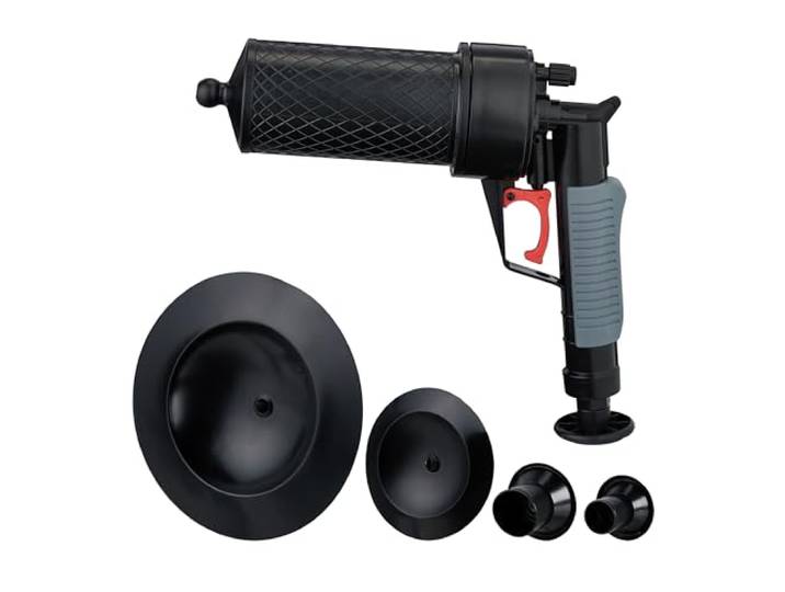 Relaxdays Pistolet déboucheur à air comprimé\, 4 embouts\, pour douche\, toilette\, évier\, etc.\, débouche canalisation\, noir