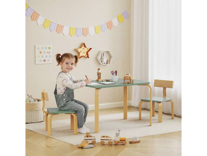 AIYAPLAY Table et 2 Chaises Enfant Bois Vert 78x53x53cm