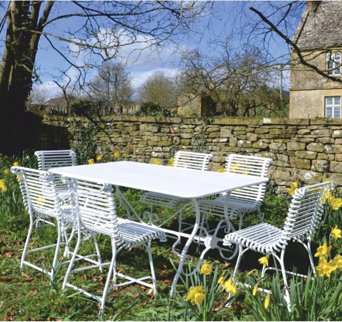 Casa Padrino Jugendstil Schmiedeeisen Garten Möbel Set Weiß - Garten Tisch & 6 Stühle