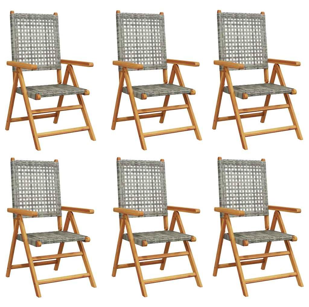 vidaXL 6-teiliges Set aus verstellbaren Klappstühlen, graues Polyrattan und Massivholz