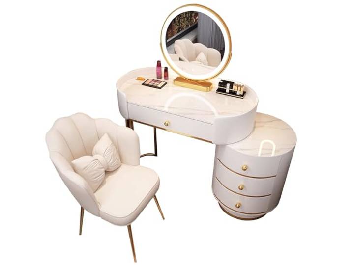 TAITUTE Schminktisch Set mit Spiegel & 5 Schubladen - Samtstoff, umwickeltes Leder und Metallbeine für Mädchen/Frauen
