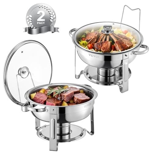 VEVOR Chafing Dish Buffetwarmer met 2 containers van 4,7 l, ronde cateringwarmtedispenser met glazen deksel en opvouwbare standaard, Zilver