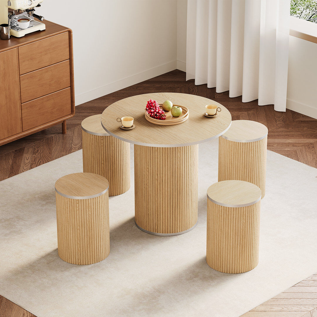 George Oliver Dining Table Set with 4 Stools, Round Pedestal Natural 4