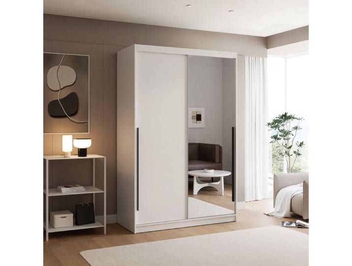 Armoire SILENTE 140cm - avec miroir - LED - portes coulissantes - Blanc