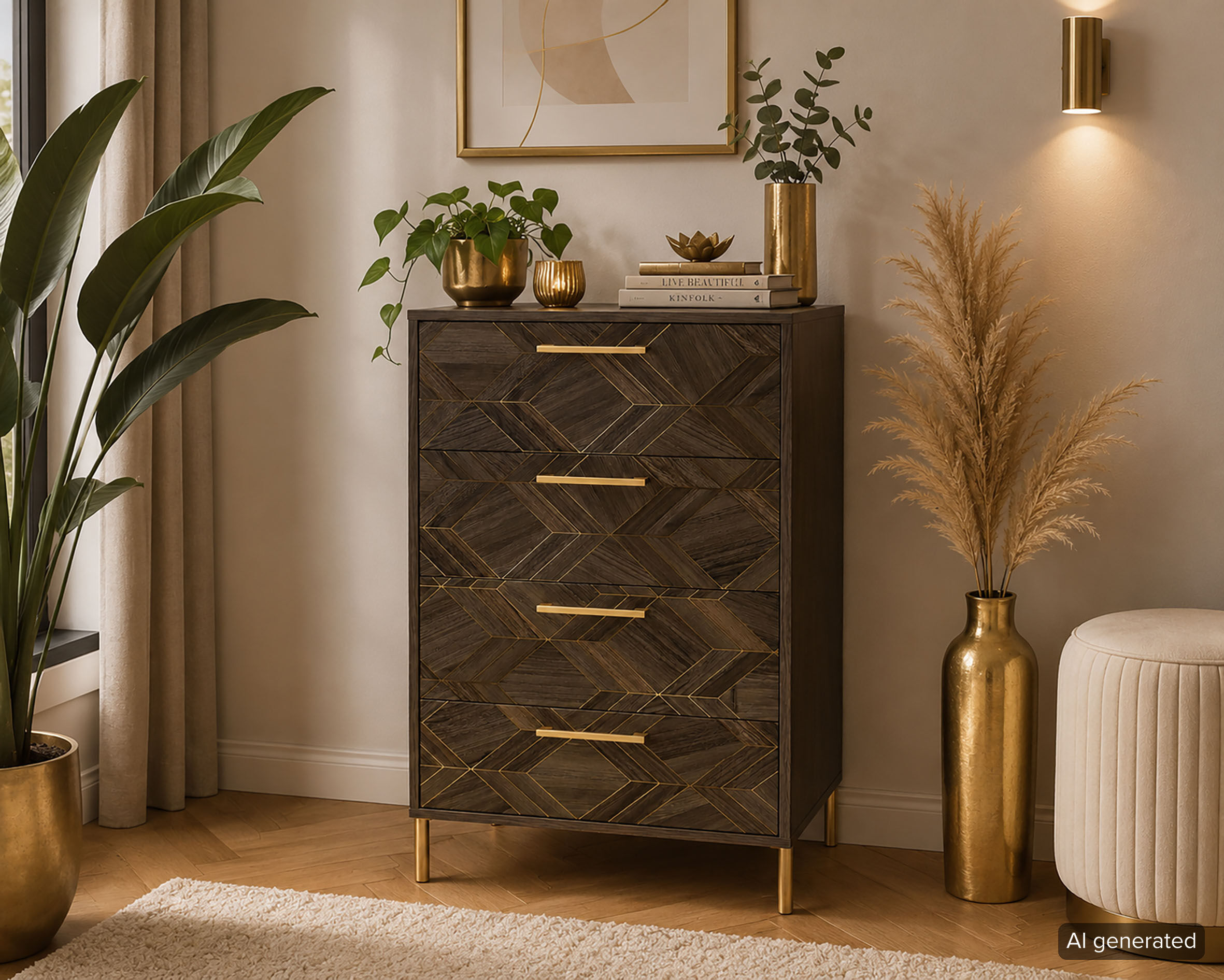 Kommode SCHILDMEYER "Glenn, Art-Déco Design mit eleganten Goldakzenten, Made in Germany", braun (nussbaum matt, nussbaum art, déco), B:60,1cm H:100,7cm T:33cm, Holzwerkstoff, Sideboards, Kommode, Nussbaum Art-Déco Design mit eleganten Goldakzenten, Made i
